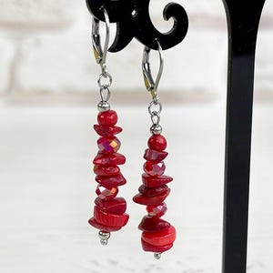 Red Coral earrings, Red crystal earrings wedding, Beaded threader earrings, Cluster dangle drop earrings, Gemstone stacked earrings women