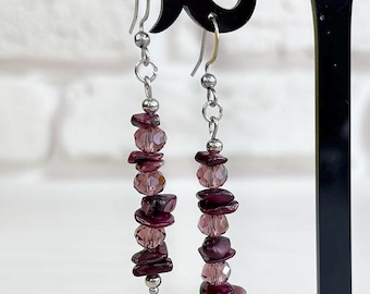 Purple Pearl crystal earrings Gemstone jewelry Cluster beaded earrings Long threader earrings Stacked chandelier earrings