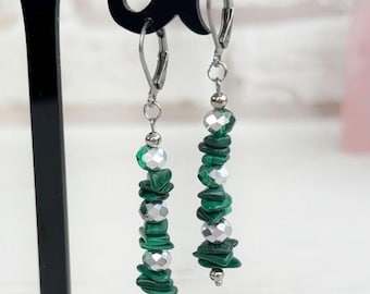 Malachite crystal earrings, Dainty everyday jewelry, Emerald green stone earrings, Threader stacked earrings, Bead dangle drop earrings