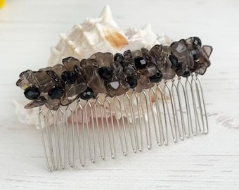 Smoky Quartz crystal hair comb Gray black stone hair piece Bling bridal beads hair clip Gothic wedding gemstone headpiece