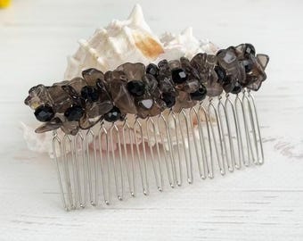 Gemstone Smoky Quartz hair comb, Black crystals hair piece, Gothic wedding sparkle hair clip, Black bead hair clip, Wedding witchy headpiece