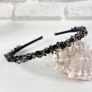 Smoky Quartz hair piece, Black wedding gemstone crown, Thin crystal headband, Gray stone bridal headpiece Witch hair accessories