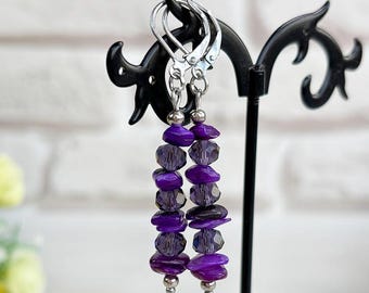 Purple Pearl chip crystal earrings Minimalist tube cascade earrings Gemstone jewelry Crystal stacked earrings Beaded dangle drop earrings
