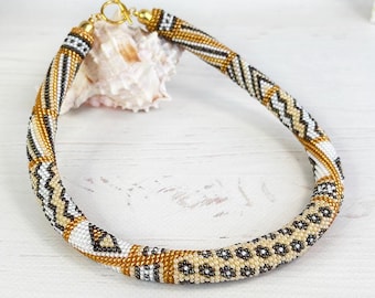Geometric seed beaded crochet necklace Beige gold beadwork women necklace Bead rope choker Mother's Day wife gift Chunky statement necklace