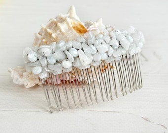 Peigne de mariée en cristaux blancs bling bling et agate blanche, pièce de cheveux en pierres précieuses d'agate blanche, coiffe de perles de mariage classique, pince à cheveux de mariage bijoux