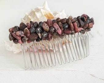 Pink gray crystal hair comb Rhodonite hair piece Bling stone hair clip Boho wedding hair piece Bridal bead hair clip Gemstones headpiece