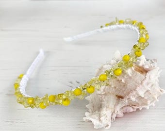 Diadema nupcial de cuarzo amarillo, corona de cabello con cuentas para bodas en la playa, accesorios para el cabello de cristal amarillo, tocado de piedras preciosas brillantes