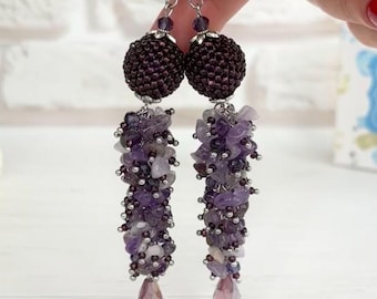 Pendientes de amatista Pendientes largos de racimo morado Pendientes de mujer con cuentas Pendientes colgantes de bola de piedra Pendientes de cristal de amatista