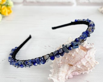 Navy blue stones headband Lapis Lazuli crystals headpiece Navy sparkle bridal hair piece Gemstone beaded hair jewelry Bling wedding crown