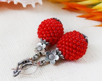 Red bead earrings, Sister sister gift, Red drop earrings bright, Everyday jewelry for mom, Summer party earrings, Seed bead earrings gift