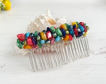 Colorful stones hair clip for girl, Pearls gemstone headpiece, Bling multicolored crystal hair comb, Modern beaded hair piece for Birthday