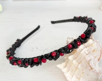 Diadema de boda color burdeos negro, tocado con piedras preciosas de ágata negra, tiara de cristal enjoyado, corona de novia gótica con cuentas, tocado con piedras brillantes