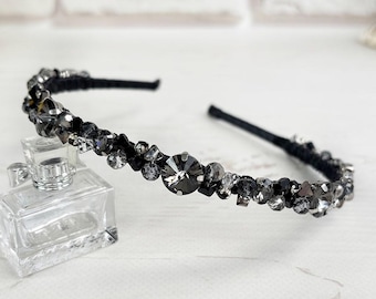 Diadema negra con diamantes de imitación, tocado de cristal gris oscuro, tiara nupcial gótica, elegante tocado con cuentas para el baile de graduación, diadema brillante para bodas.
