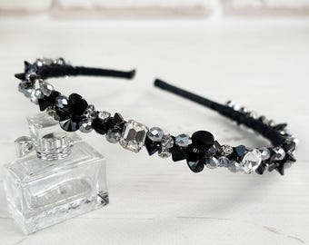 Corona de cristal para boda gótica, diadema negra y plateada para graduación, tiara nupcial adornada con diamantes de imitación, tocado con cuentas para fiestas, diadema moderna