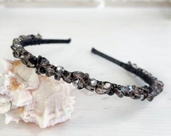 Edelstein schwarze Krone Rauchquarz Kristall Stirnband Gothic Kopfschmuck Braut Kopfschmuck Hochzeit Haarschmuck Dünner Juwelen Haarreif