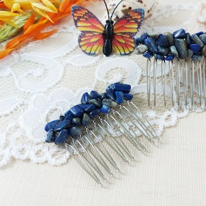 Lapis Lazuli smycken Kristallpärlor hårspänne Kvinna mini hårkam Blå håraccessoarer Boho bröllop hårsmycke Marinblå sten brudhuvudsmycke