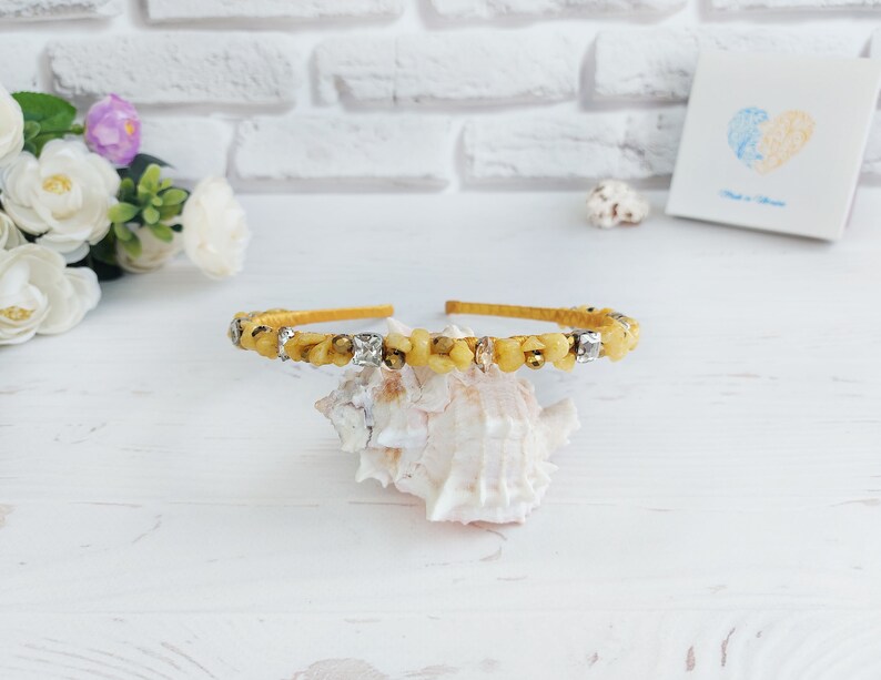 Gold crystals thin crown, Bling wedding headpiece, Beach bridal tiara crown, Yellow Quartz gemstone hair accessories, Beaded hair piece girl image 2