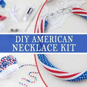 DIY-kit hantverkspresent för vuxna, pärlbroderi USA amerikansk flagga halsbandskit, mönster för virkat halsband med seed beads, smyckestillverkningskit med pärlor gör-det-själv