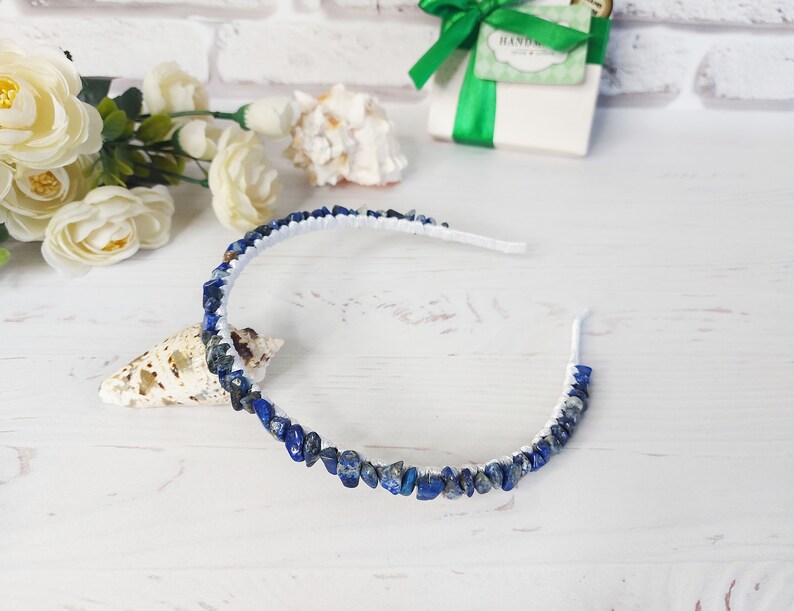 Navy blue beaded headband, Woman boho hairband, Blue crystals crown, Lapis lazuli gemstone hair accessories, Bridal wedding hair piece women image 5