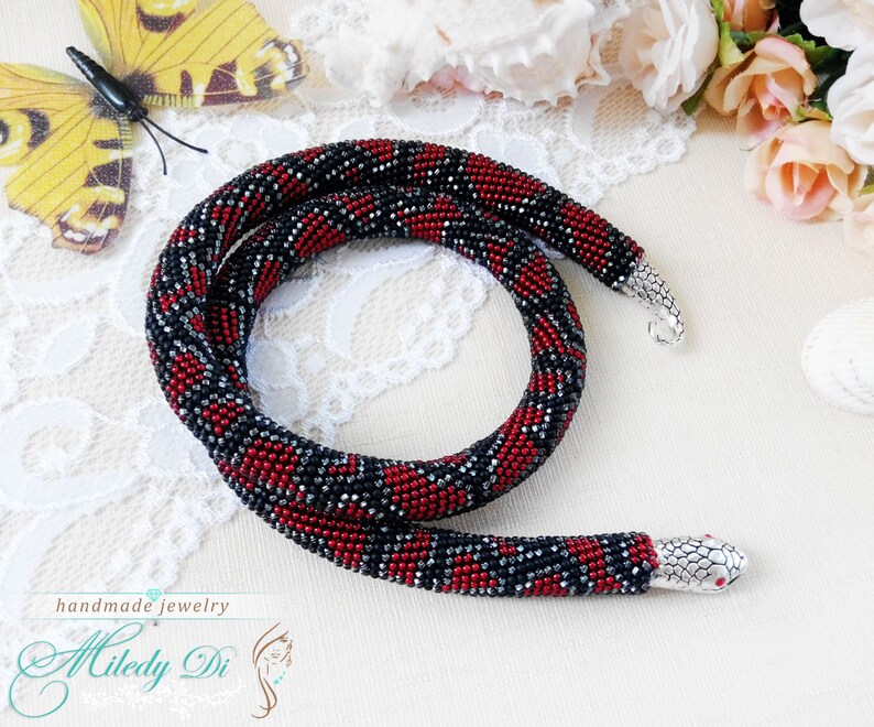 Red snake jewelry Beaded crochet necklace Trending gift for wife Red snake necklace Birthday gift for mum Bohemian python jewelry gift