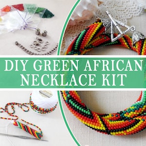 May include: A DIY necklace kit featuring small red, yellow, green, and black beads, a silver-toned toggle clasp, a metal crochet hook, and white thread. The text DIY GREEN AFRICAN NECKLACE KIT is displayed prominently across the center of the image.