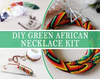 Diy kits for adults, Kit to make seed bead crochet rope necklace, African beadwork necklace pattern, Geometric beading jewelry making craft