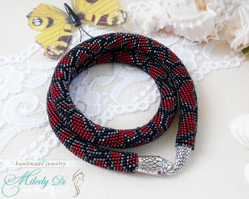 Red snake jewelry Beaded crochet necklace Trending gift for wife Red snake necklace Birthday gift for mum Bohemian python jewelry gift