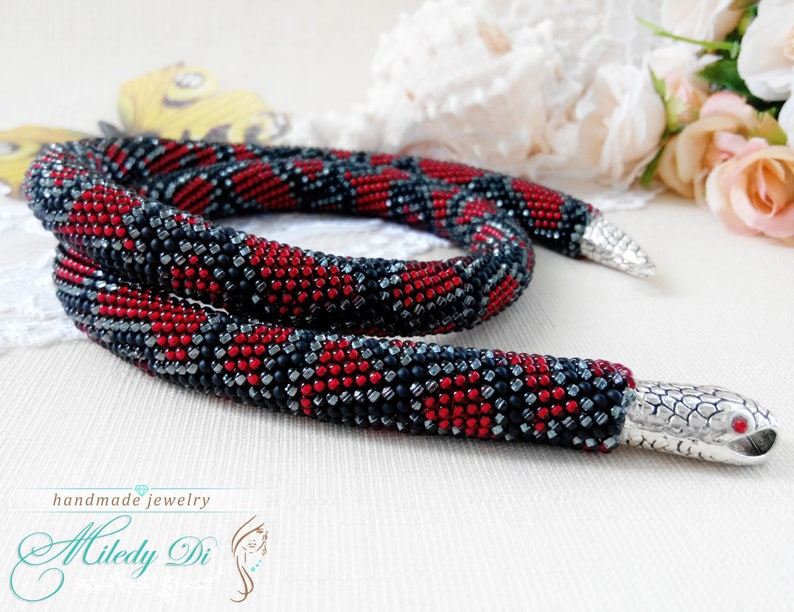 Red snake jewelry Beaded crochet necklace Trending gift for wife Red snake necklace Birthday gift for mum Bohemian python jewelry gift