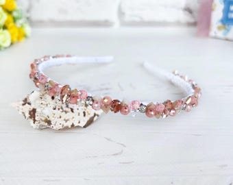 Tocado brillante de color rosa ruborizado, corona de tiara brillante, diadema de novia con cristales rosas, tocado de boda con cuentas, accesorios para el cabello con diamantes de imitación rosas