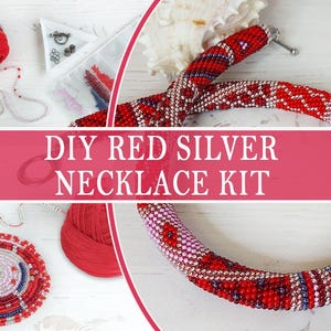 May include: A DIY necklace kit with red and silver beads. The kit includes a partially completed necklace, spools of red thread, and a container of beads. The text "DIY RED SILVER NECKLACE KIT" is displayed on a pink banner.