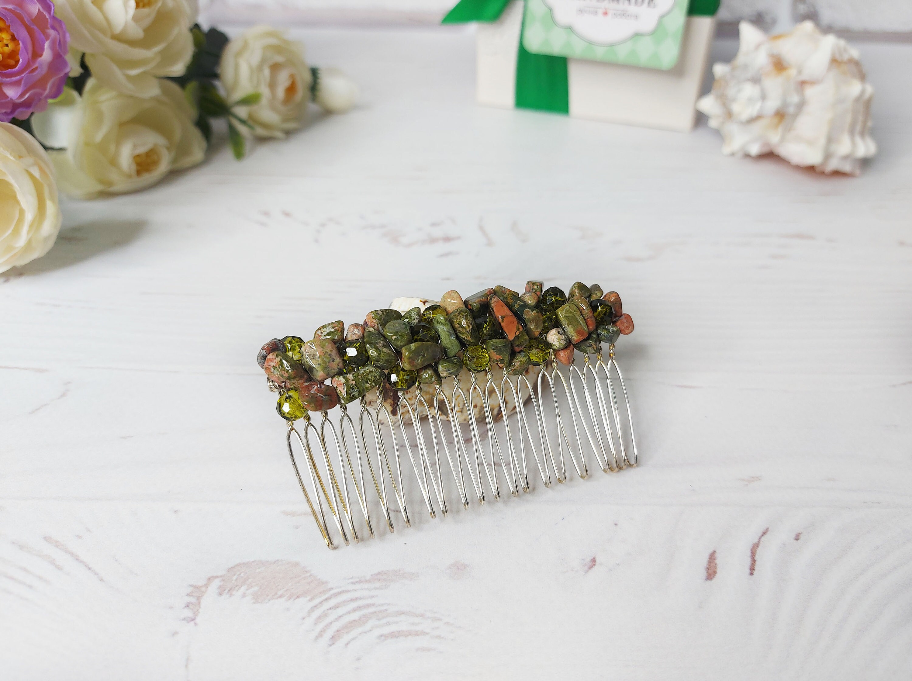 Gemstone Hair Comb Beaded Hair Accessories Green Crystal Etsy