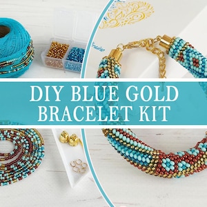 May include: A DIY blue gold bracelet kit featuring a spool of turquoise thread, small containers of gold and blue seed beads, gold-toned metal findings, and a finished tubular beaded bracelet with a geometric pattern in turquoise, gold, and red.