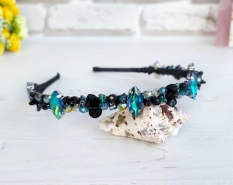 Turquoise Black sparkle hair crown, Luxury crystals headband, Rhinestones gothic headpiece, Blue beaded hair piece wedding Modern hairband