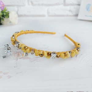 Gold crystals thin crown, Bling wedding headpiece, Beach bridal tiara crown, Yellow Quartz gemstone hair accessories, Beaded hair piece girl image 5