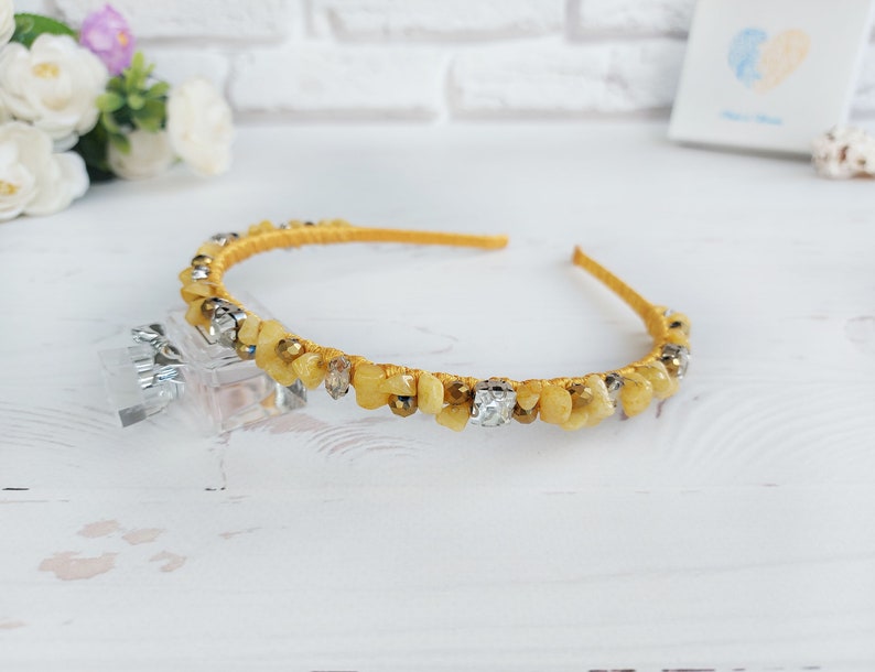 Gold crystals thin crown, Bling wedding headpiece, Beach bridal tiara crown, Yellow Quartz gemstone hair accessories, Beaded hair piece girl image 5