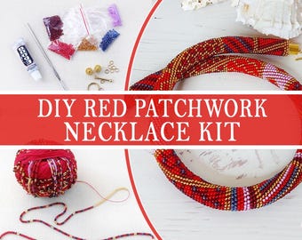 Diy Beaded crochet necklace KIT, DIY Kit necklace, Red seed bead necklace, Jewelry making kit, Adult Craft, How to crochet beading necklace