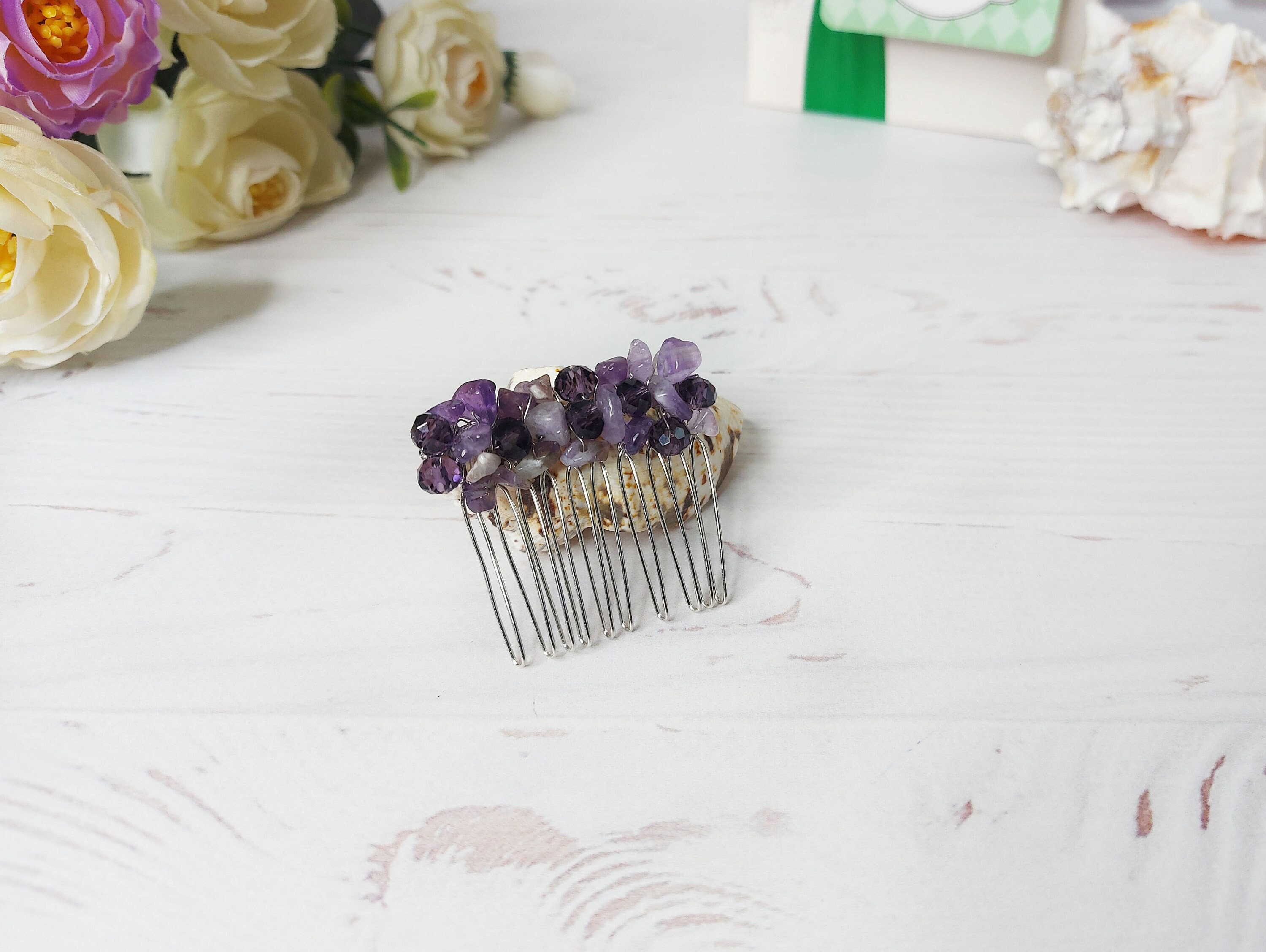 Haarkamm Mit Violettem Kristall (Amethyst) – Hochzeits-Haarschmuck Für Braut Und Brautjungfer