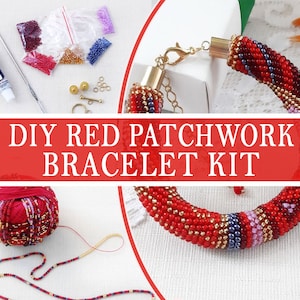 Puede incluir: Un kit de pulsera patchwork roja DIY que incluye un tubo de pegamento, un ganchillo de metal, bolsas pequeñas de cuentas rojas, azules y doradas, fornituras doradas, un ovillo de hilo rojo con cuentas ensartadas y una pulsera terminada con cierre.