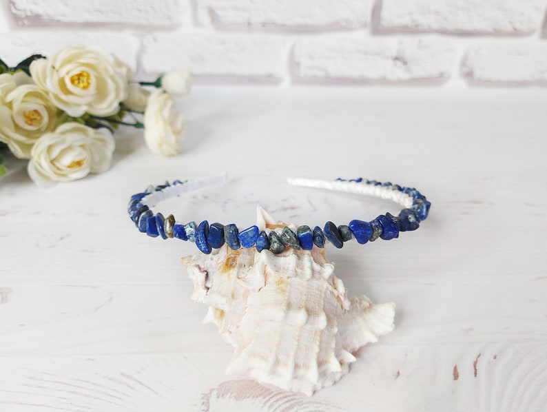 Navy blue beaded headband, Woman boho hairband, Blue crystals crown, Lapis lazuli gemstone hair accessories, Bridal wedding hair piece women image 3