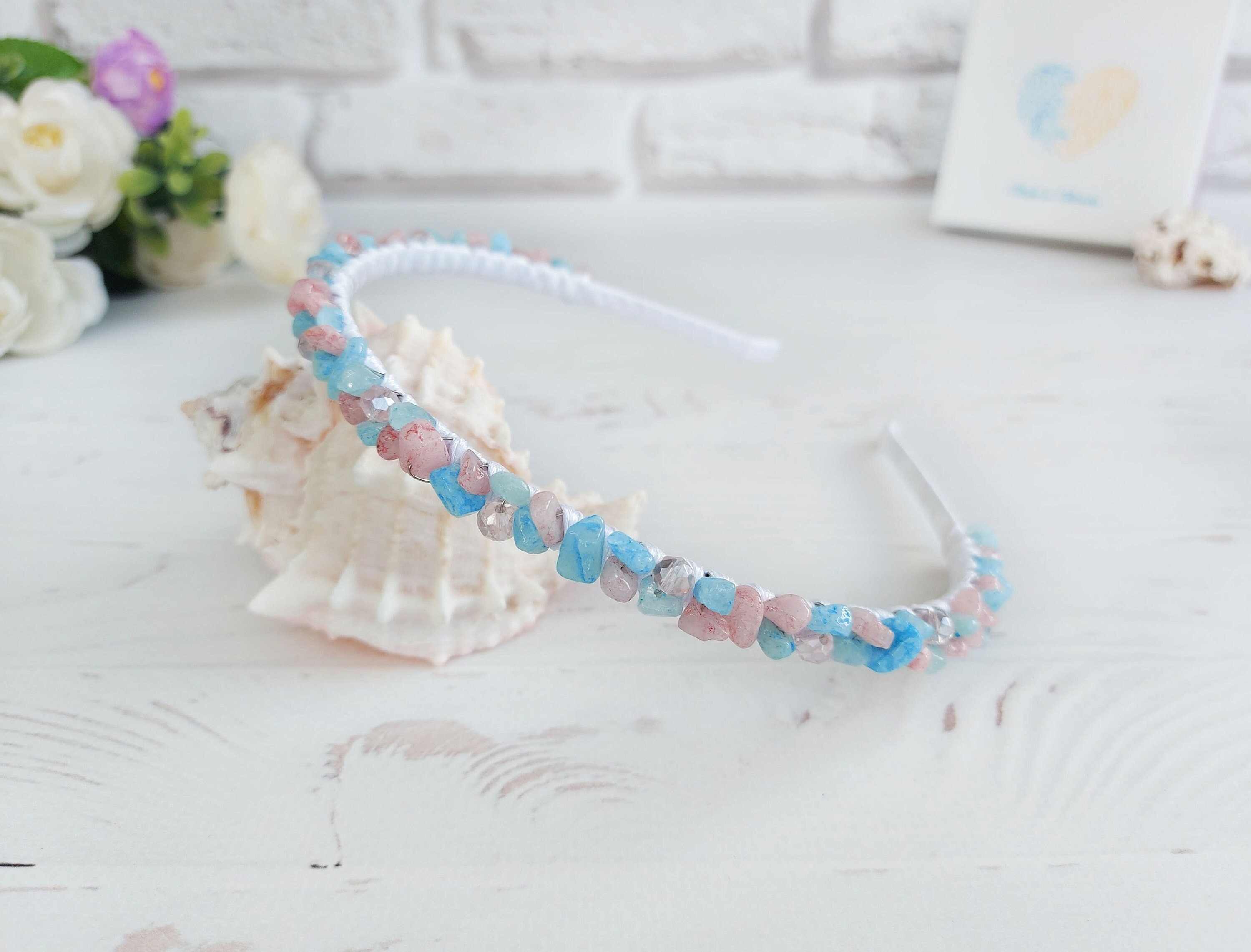 Elegant Cream Headband with Multicolor QUARTZ Stones Wide bridal headband with pearls or crystals - Embellished  main image 2