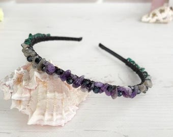 Ombre beaded headband Gemstones Crystals crown Amethyst Labradorite Malachite stones headpiece Purple green hair piece Hair accessories
