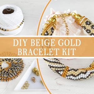 May include: A DIY beige gold bracelet kit featuring a white ball of thread with beads, a finished beaded bracelet with gold-tone metal clasps, a coiled beaded pattern, and small gold-tone metal findings on a white triangular tray.