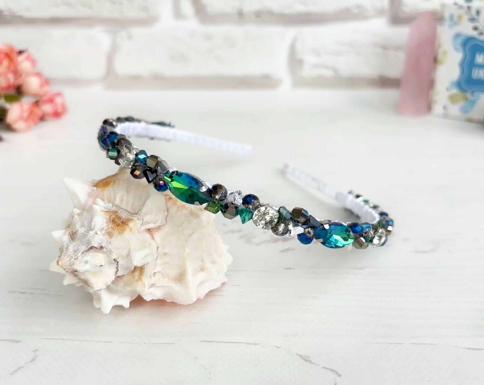White Head Band  with Turquoise Stones and Crystal Accents The Callie: Sterling Silver, 10K White Gold or Platinum Band  main image 2