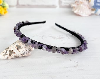 Pieza de pelo de amatista con piedra de nacimiento, corona de cuentas moradas y negras, diadema de boda gótica con piedras preciosas, accesorio para el pelo con piedras para mujer, diadema de novia brillante