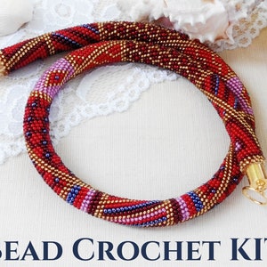 Diy Beaded crochet necklace KIT, DIY Kit necklace, Red seed bead necklace, Jewelry making kit, Adult Craft, How to crochet beading necklace