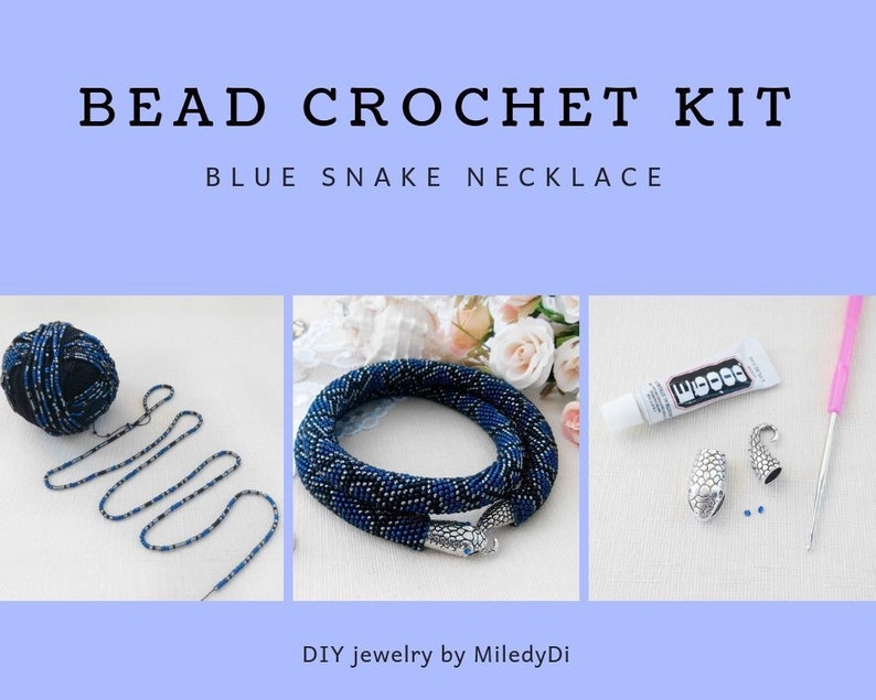 Adult Craft Jewelry making KIT diy bead crochet necklace Seed bead necklace Bead crochet KIT DIY Kit blue snake necklace
