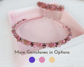 Gemstone crystals headband crown bride, Strawberry Quartz jewelry, Birthday grandma gift, Bead pink hair accessories, Sparkle headpiece comb