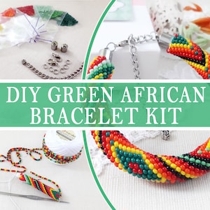 Puede incluir: Un kit de pulsera africana verde DIY con pequeñas cuentas coloridas en rojo, amarillo, verde y negro. El kit incluye un carrete de hilo blanco, un ganchillo de metal, terminales plateados, un cierre de mosquetón y anillas de unión.