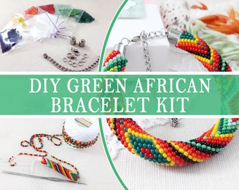 Kit to make seed bead crochet rope bracelet, Diy kits for adults, African beadwork bracelet pattern, Geometric beading jewelry making craft