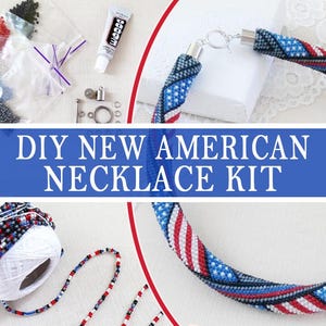Diy beading necklace kit, USA flag seed bead crochet necklace pattern, Adults jewelry making crafter gift, Kit to make 4th July necklace diy